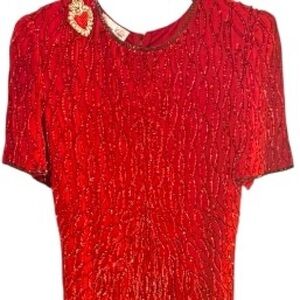 LAURENCE KAZAR 80’s Red Silk Sequins Beaded Half Sleeve Evening Gown Sz 14